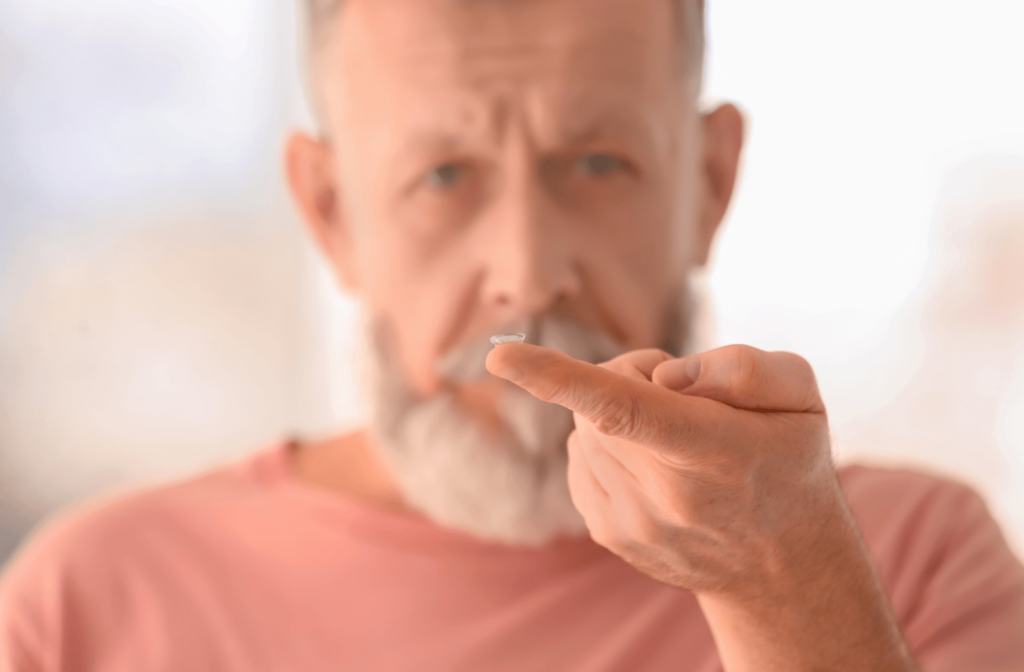 An older man holding a contact lens on his index finger close to the camera