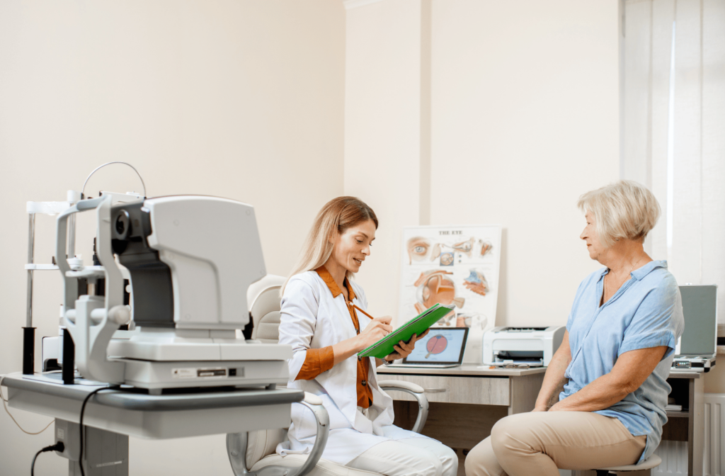 A female optometrist discusses the results of the patient's eye exam with her