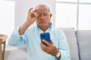 An older man taking off his glasses because he is having trouble seeing his phone screen.