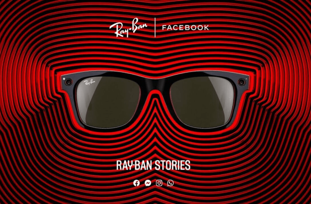A promotional image of the Ray-Ban Stories glasses, surrounded by red and black lines