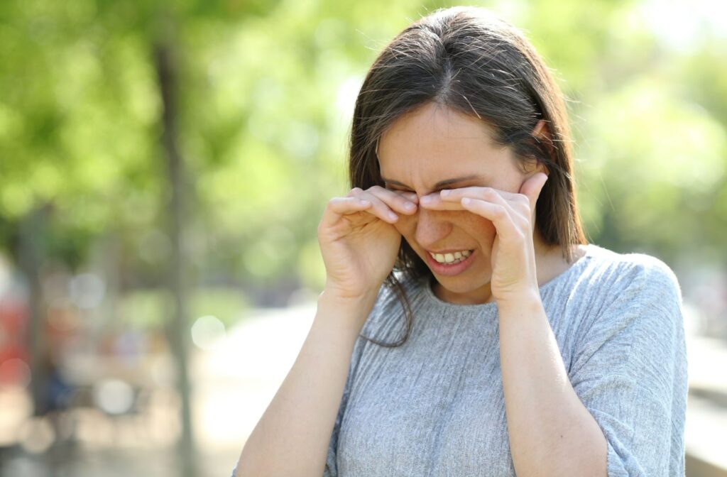 A woman in an outdoor area rubbing her dry eyes with both hands.