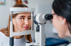 A smiling female patient during an eye exam.