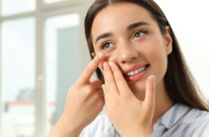 A young woman gently pulling her lower lid down to insert a contact lens.