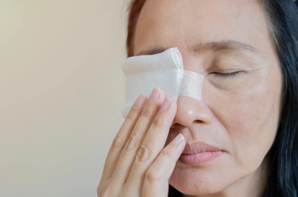 Middle aged Asian woman has one visible eye closed while the other eye is hidden under white gauze taped to her face with a strip of white medical tape. Her right hand touches the gauze.