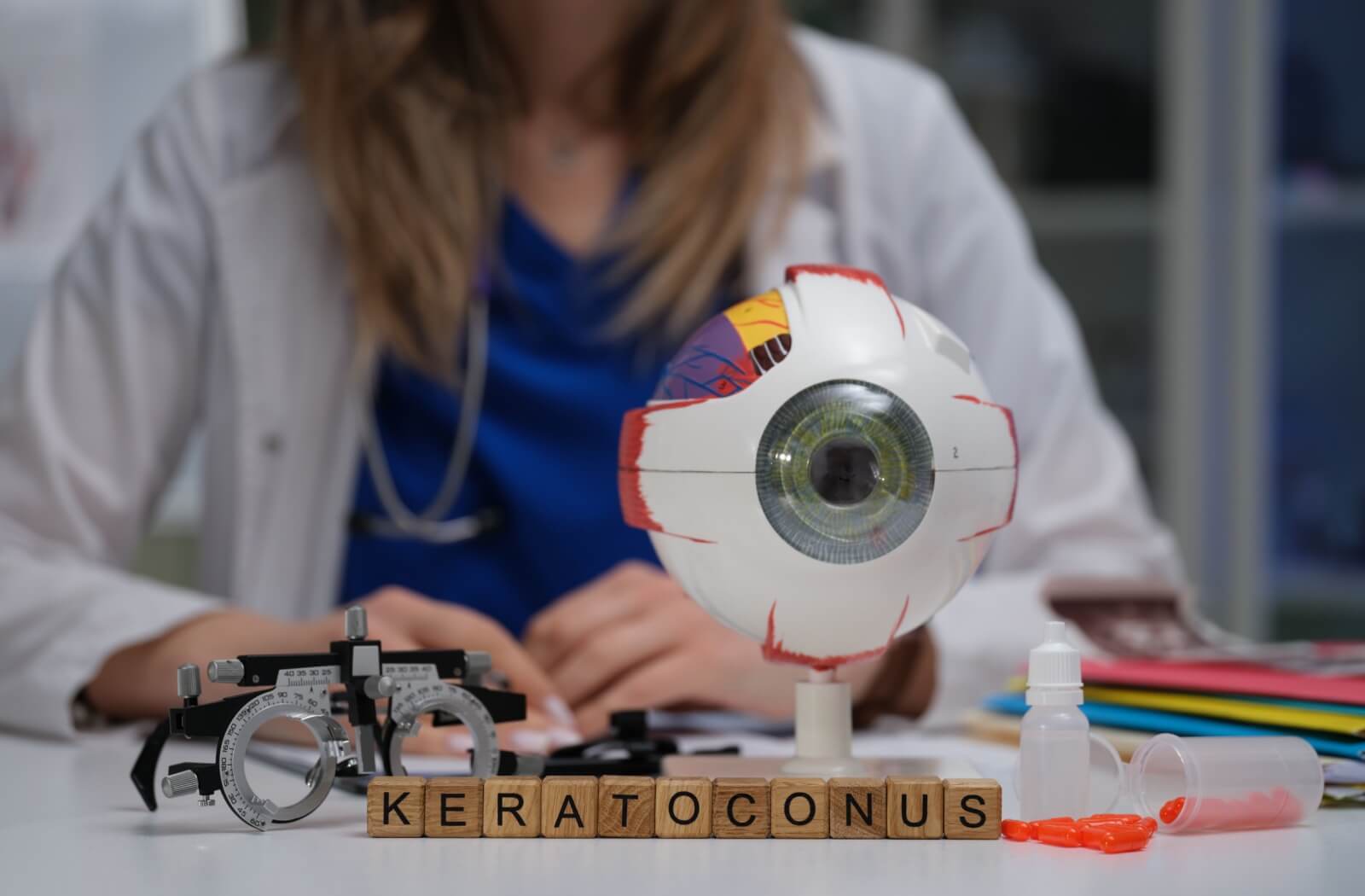 An eye doctor sits in the background, while the desk in front displays a series of blocks that spell "keratoconus" along with eye care tools.