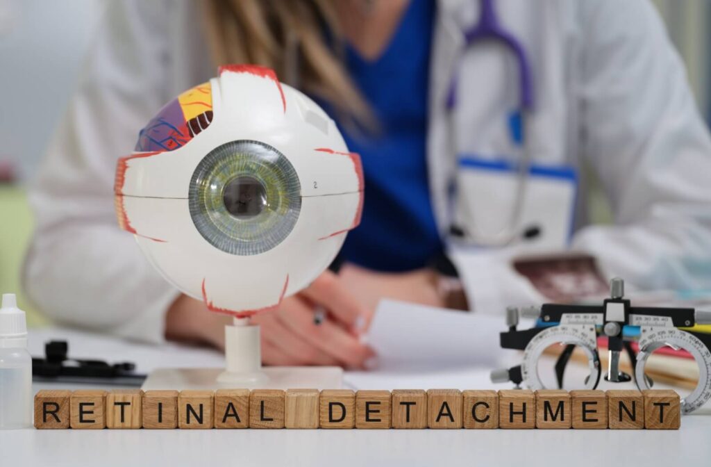 Model of an eye displayed on a table with wooden letter blocks spelling ‘Retinal Detachment,’ with an eye care professional and diagnostic tools in the background.