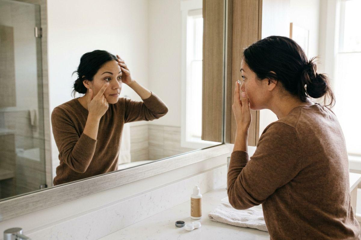 Adult inserting a contact lens while looking in a bathroom mirror, with a contact lens case and solution bottle on the counter.