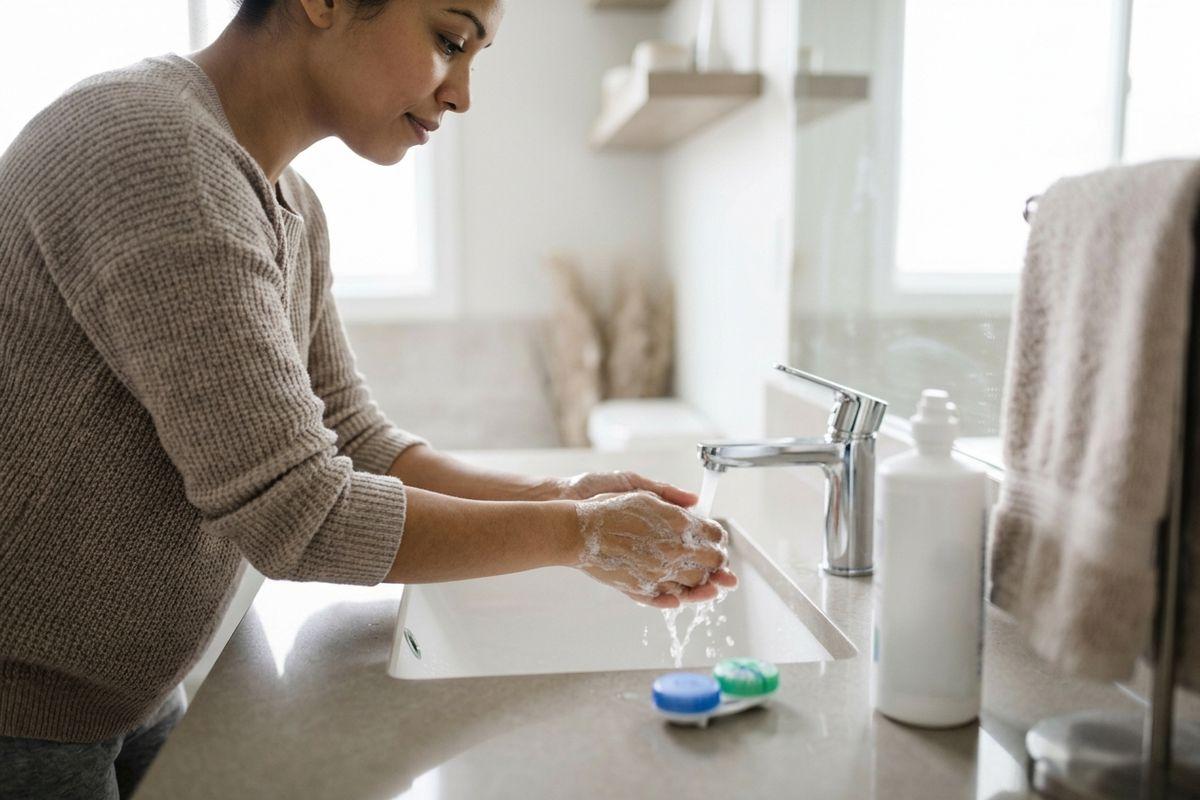 Adult washing soapy hands under a running bathroom faucet, leaning over a white sink with contact lens cases on the counter.