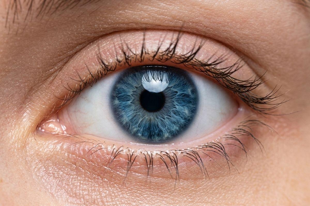 Close-up of a human eye with a blue iris, dark pupil, and dark lashes against light skin.