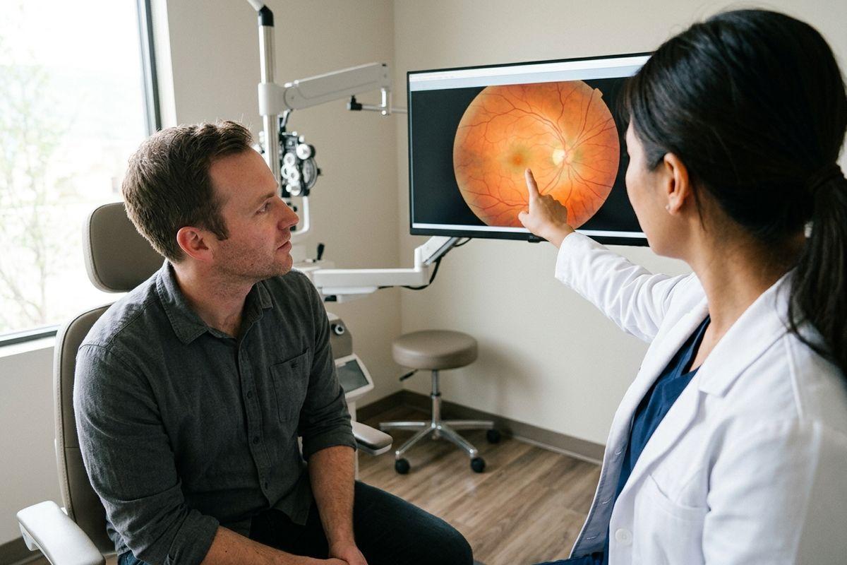 Optometrist points to a retinal scan on a monitor while a seated patient looks on attentively in an eye exam room.
