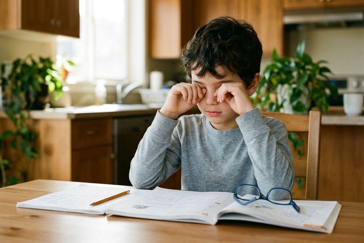 Child rubs both eyes at a kitchen table with an open workbook, pencil, and glasses in front of them.