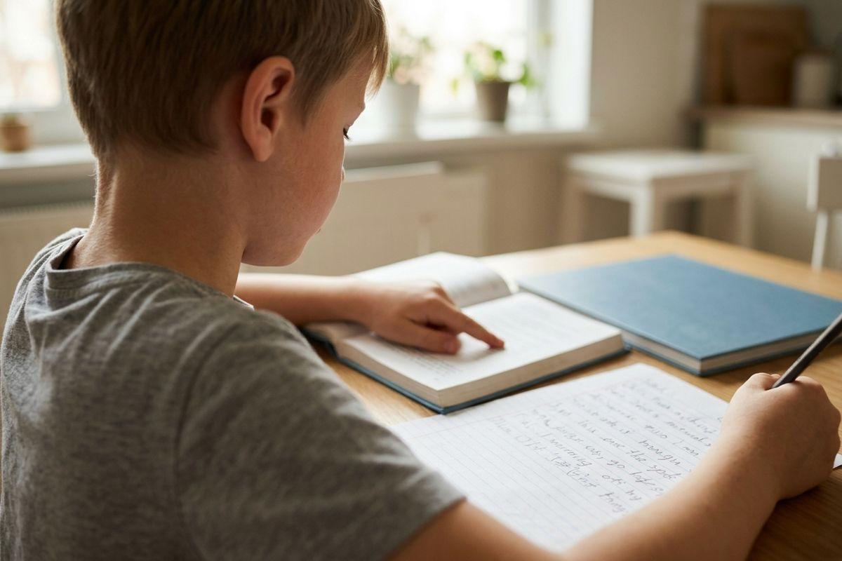 Child sits at a desk, pointing at a book while writing notes on paper, focused on studying.