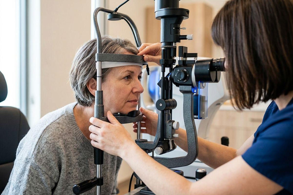 Optometrist examines a patient's eye using a slit lamp in an exam room.