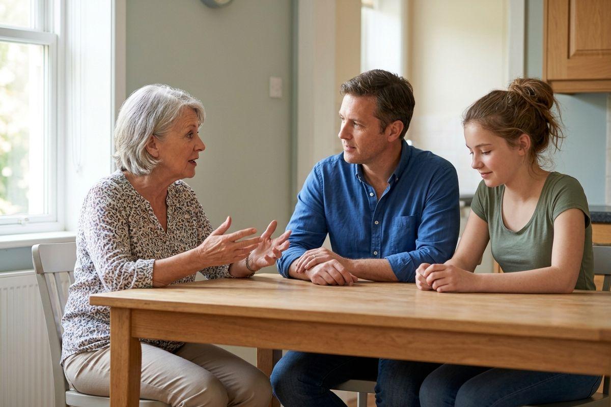 Three people sit at a kitchen table talking; an older adult gestures while speaking to an adult and a child.